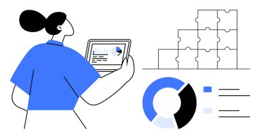 İş analizleri. İş adamı, çizelgeleri ve bulmaca grafikleri olan bir dizüstü bilgisayardaki veri görsellemelerini analiz ediyor. İş analizleri karar verme mekanizmasını ve stratejisini destekliyor. Şirket, strateji, veri için