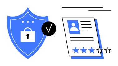 Veri güvenliği için asma kilitli mavi kalkan ve yıldız dereceli bir kullanıcı profilinin yanında onaylanmış kontrol işareti. Siber güvenlik, kullanıcı kimlik denetimi, çevrimiçi güven, gizlilik yönetimi, kimlik