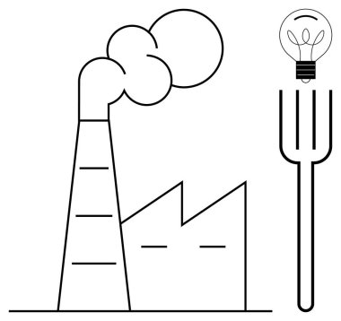 Çevresel etkiyi, yeniliği ve endüstriyel sürdürülebilirliği sembolize eden bir çatalla birlikte duman yayan bir fabrika. Üretim, çevre, enerji ve yenilik için ideal