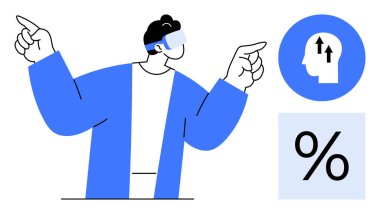 Sanal gerçeklik kavramı. Sanal gerçeklik kulaklığı kullanıcısı büyüme ve yüzde simgeleriyle etkileşimde. Sanal gerçeklik keşif, yenilik ve karar verme olanağı sağlıyor. Teknoloji için mükemmel.