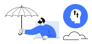 Koruma konsepti. Büyümeyi simgeleyen fikirlere karşı elinde şemsiye tutan bir figür vasıtasıyla koruma altına alındı. Kişisel büyüme için koruma veya güvenli karar verme