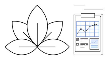 Analiz panosunun yanında nilüfer çiçeği ve dosya. Sağlık, büyüme, sağlık, strateji, farkındalık, üretkenlik ve denge için idealdir. Basit düz metafor