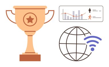Ödül başarıyı vurguluyor, analitik çizelge verilerde ilerleme gösteriyor, kablosuz sinyalli dünya küresel bağlantıyı gösteriyor. Başarı, ilerleme, küresel ulaşım, teknoloji, liderlik için ideal