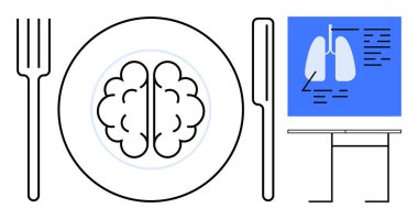 Beyni çatal ve bıçakla bir tabağa yerleştirilmiş, akciğerlerini gösteren bir ekranın yanında. Beslenme, akıl sağlığı, eğitim, gıda alışkanlıkları, sağlık hizmetleri, dikkatli beslenme dengesi için idealdir. Basit düz metafor