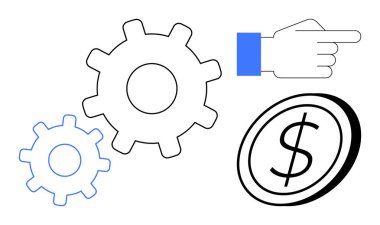 İki vites, bir el ve bir dolar işareti madeni para süreç optimizasyonu, yön ve ekonomik odaklanma öneriyor. İş, strateji, finans, takım çalışması, üretkenlik güdüm karı için ideal