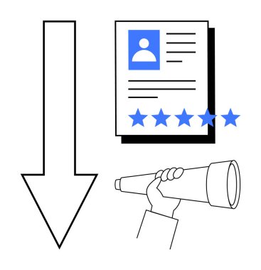 Profil detaylarıyla devam edin, beş yıldızlı derecelendirme, aşağı ok ve el ele tutuşan teleskop yetenek seçimi, kariyer fırsatları ve değerlendirmeyi temsil ediyor. İşe alım, insan kaynakları ve işe alım için ideal.