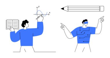 Grafik, figür, sanal gerçeklik ve kalem kullanan kişi. Eğitim, teknoloji, yenilik, yaratıcılık, dijital dönüşüm veri analizi için idealdir. Basit düz metafor