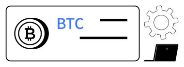 Bitcoin cüzdan simgesi, kartta BTC sembolü, teçhizat, dizüstü bilgisayar illüstrasyonu. Kripto para birimi, engelleme zinciri, fintech, dijital ödeme veri güvenliği yenilik teknolojisi temaları için ideal. Basit düz metafor