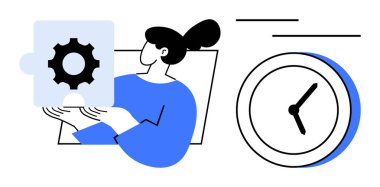 Elinde saat olan dişli yapboz parçası olan bir kadın takım çalışması, zaman verimliliği, verimlilik ve problem çözmeyi öneriyor. İş akışı, planlama, teslim tarihi, takvim ve zaman için ideal