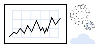 Veri büyüme dişlilerinin iş akışını, optimizasyonu ve teknolojiyi işaret eden bulut simgesini sembolize ettiğini gösteren çizgi grafiği artırılıyor. Analiz, ilerleme, verimlilik, otomasyon, yenilik için ideal