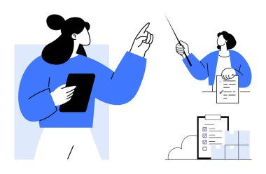 Profesyoneller görev ve planları tartışıyorlar, listeli pano, belge incelemesi ve fikirlere işaret etmek de dahil. Takım çalışması, planlama, strateji, organizasyon, verimlilik eğitimi için ideal