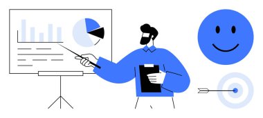 İş sunumu. İş adamı verileri ve analizleri grafik ve grafiklerle sunuyor. İş stratejisi büyümeye ve hedefleri vurmaya odaklanıyor. Planlama, eğitim için.