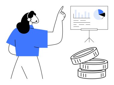 Çubuk ve pasta grafiğiyle bozuk paraların yanına bakan bir kadın. Strateji, finans, eğitim, takım çalışması, analitik, büyüme ve sunumlar için ideal. Minimum ve temiz düz metafor