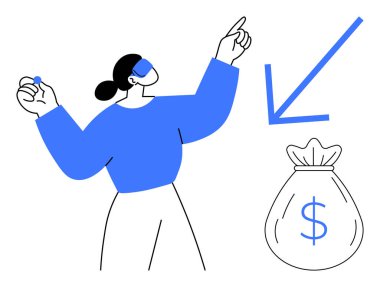 Kendine güvenen bir kadın, azalmayı işaret eden bir ok tasarruf veya bütçe odaklı bir çanta dolusu para. Finans, bütçe, maliyet yönetimi, mali planlama, ekonomi ve işletme için ideal