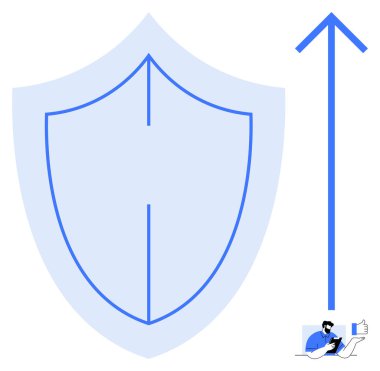 Kalkan ve ok, bir dizüstü bilgisayardaki büyüme, güvenlik ya da ilerleme kullanıcısını işaret eder. Güvenlik, ilerleme, büyüme, teknolojik yenilik, üretkenlik, iş dünyası için ideal düz metafor
