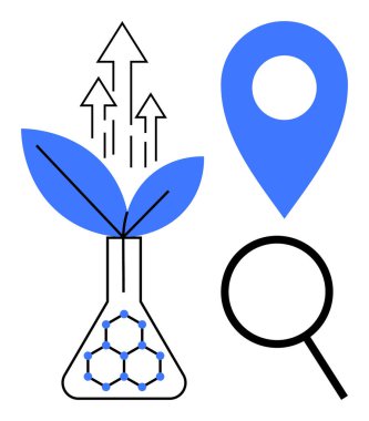 Gelişim, konum iğnesi ve büyüteç için büyüyen yapraklar ve oklarla dolu laboratuvar şişesi. Büyüme, araştırma, yenilik, sürdürülebilirlik, keşif bilimi için idealdir. Basit düz