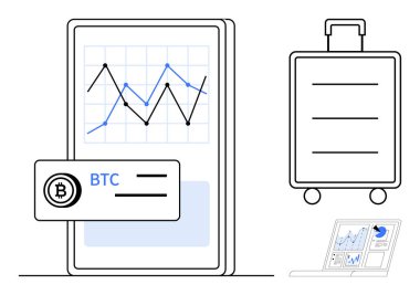 Şifreli para birimi arayüzü, grafik verileri, seyahat valizi, dizüstü bilgisayarlı analiz trendleri. Dijital finans, turizm, kripto para birimi, iş eğilimleri, analitik fintech global için ideal