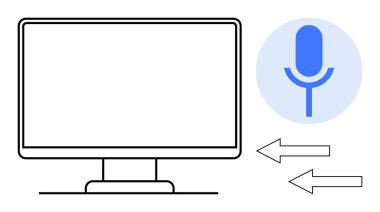 Masaüstü monitörü bir mikrofona bağlandı. Ses girdisi ve çıktı değişimini gösteriyor. Teknoloji, iletişim, ses kontrolü, kullanıcı arayüzü, ses teknolojisi, dijital etkileşim için ideal
