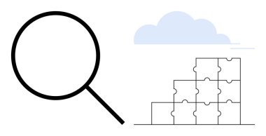 Analiz konsepti. Büyüteç ve istiflenmiş bulmaca parçaları analizi ve bulut entegrasyonu ile problem çözme. Takım çalışması, strateji, bulut hesaplama, yenilik ve proje yönetimi için harika