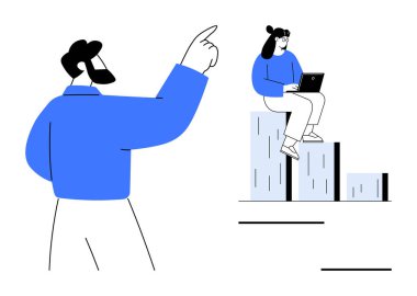 Bir kadın bar grafik basamaklarında oturup dizüstü bilgisayarla çalışırken, bir lider olarak yukarı bakan adam hedeflere rehberlik eder. Takım çalışması, liderlik, ilerleme, üretkenlik, rehberlik, büyüme için ideal, basit düz metafor