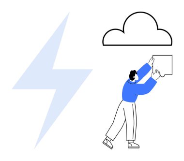 Bulut depolama kavramı. Bulut depolaması, veri yükleyen bir kullanıcı ve hız için bir yıldırım sembolü ile vurgulandı. Teknoloji, veri yönetimi, dosya paylaşımı, yenilik ve bağlantı için bulut deposu