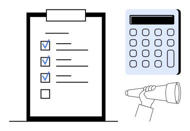 Kontrol işaretli kontrol listesi, finansal hesaplamalar için hesap makinesi ve görüşü sembolize eden teleskop. Planlama, strateji, analiz, organizasyon, verimlilik finansmanı ve hedef belirleme için ideal. A