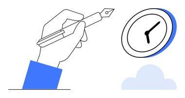 Minimalist tarzda bir saatin yanında dolmakalem tutmak, planlama, yazma ve zaman verimliliğini sembolize eder. Üretkenlik, yaratıcılık, organizasyon, zaman yönetimi için ideal hedef