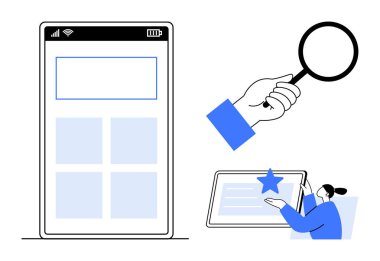 Akıllı telefon görüntüleme şebekesi, büyüteç büyütme detaylar vurgulanıyor, kullanıcı yıldız dereceli içeriği seçiyor. UXUI tasarımı, arama, inceleme, geri bildirim, yenilik, mobil uygulamalar minimalizm için idealdir