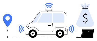 Sürücüsüz araba sinyalleri, lokasyon şifresi, para çantası ve akıllı ulaşım, finansal yatırım ve dijital hareketliliği temsil eden laptop. Teknoloji, otomasyon, fintech yapay zeka için ideal.