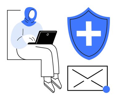 Bilgisayarda yazan bir kadın, etrafında tıbbi haç ve e-posta ikonu olan bir kalkan var. Siber güvenlik, uzaktan çalışma, veri koruması, çevrimiçi iletişim, sağlık teknolojisi, dijital mahremiyet, güvenli