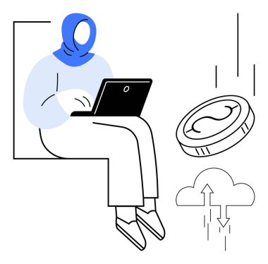 Dizüstü bilgisayarla oturan kişi, madeni parayı sembolize ediyor. Bulut yüklemesi veri paylaşımını, dijital ekonomiyi temsil ediyor. Fintech, uzak çalışma, teknoloji, iletişim, yatırım için ideal