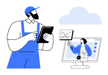 Online eğitim. Sanal eğitmen ve işçiyi etkin öğrenme için tablet kullanarak çevrimiçi eğitim. Çevrimiçi sürüş becerisi geliştirme. Eğitim, teknoloji ve uzak çalışma için ideal