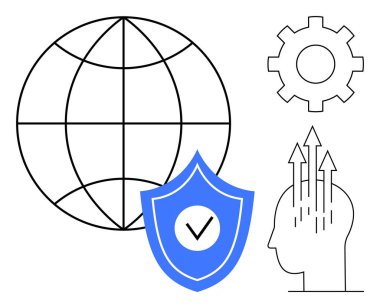 Küresel güvenlik kavramı. Küresel elementler, kontrol işaretli bir kalkan, dişli ve insani yenilik koruması, ilerleme ve yenilik gibi. Teknoloji, iş siber güvenlik eğitimi