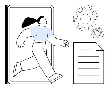 Akıllı telefondan dişlilere ve belgeye doğru yürüyen kadın, teknolojiyi, yaratıcılığı, ilerlemeyi, yeniliği, gelişimi, verimliliği ve dönüşümü sembolize ediyor. Dinamik iş akışı için ideal