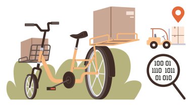 Kargo bisikleti kutularla dolu, forklift taşıma paketi, ikili kod üzerinde büyüteç, ve konum şifresi. Teslimat için ideal, lojistik, nakliye, veri, analiz sürdürülebilirlik basit düz