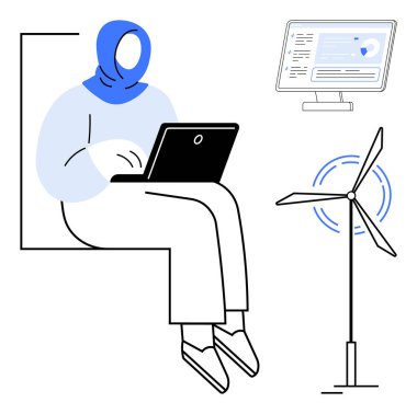 Dizüstü bilgisayar, rüzgar türbini, veri analiz paneli kullanan bir kadın. Yenilenebilir enerji, sürdürülebilirlik, teknoloji, çevre dostu yenilik, uzak çalışma yeşil iş temiz enerji temaları için idealdir. Basit.