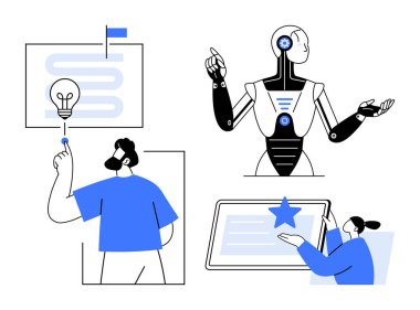 İnsan beyin fırtınası fikirleri, jestli robot yapay zeka ve tablet etkileşimi. Yenilik, takım çalışması, teknoloji, yapay zeka, yaratıcılık eğitimi fütüristik kavramlar için idealdir. Temizle