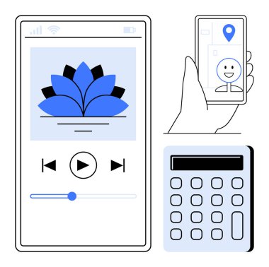 Smartphone ekranında lotus grafikli ve çalma tuşlu müzik çalar gösteriliyor. Elleri, gülümseyen avatar ve broşla yer bulma uygulamasını tutuyor. Ayrı hesap makinesi gösterildi. Teknoloji ve navigasyon için ideal
