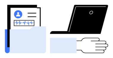 Hasta kayıtlarına ve kalp monitörüne sahip tıbbi klasör dizüstü bilgisayarın yanında. Sağlık, teletıp, teknoloji, veri yönetimi, yenilik ve modern tıbbi uygulamalar için ideal