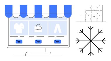 E-ticaret konsepti. Dijital mağaza arayüzü, alışveriş ikonları ve sembolik grafiklerle e-ticaret. E-ticaret çevrimiçi perakende deneyimlerini düzene sokuyor. Perakende, teknoloji, iş