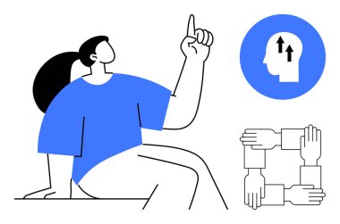 Kişisel gelişim. Baştaki oklar gibi görsel unsurlar kişisel gelişim ve gelişimi simgeler. Birleştirilmiş ellerle takım çalışması. Kişisel gelişim, işbirliği, eğitim, üretkenlik, strateji