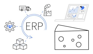 ERP, lojistik kamyonu, fabrika, analitik gösterge paneli, ekipman, küp ve peynir bloğu ile çevrili. Kaynak planlama, tedarik zinciri, envanter üretim veri yönetimi için ideal