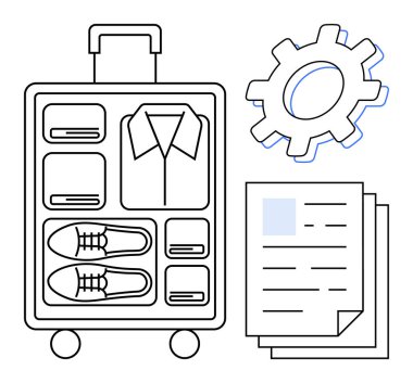Düzenli paketlenmiş bavul, katlanmış kıyafetler, ayakkabılar, belgeler, ve yapılandırılmış paketleme, verimlilik, seyahat lojistiği için ekipman. Organizasyon ve iş seyahatleri için ideal görev yönetim sistemi