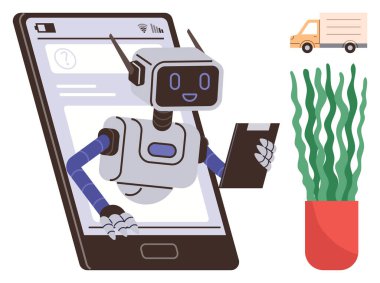 Akıllı telefon ekranından uzanan robot asistan elinde pano, teslimat kamyonu sürücüsü, yakınlardaki saksı fabrikası. Otomasyon için ideal, yapay zeka, lojistik, teknoloji, müşteri hizmetleri, dağıtım basit daire
