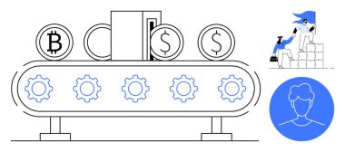 Bitcoin, dolar sikkeleri ve taşıma bandındaki dişliler otomasyon ve finansal işlemleri temsil ediyor. Üst üste yığılmış bloklardaki başarıyı kutlayan kişi ilerlemeyi öneriyor. Finans ve kripto para birimi için ideal