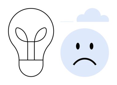 Yenilik kavramı. Bir ampul olarak yenilik ile hüzünlü bir yüz ve bulut tarafından iletilen üzüntü arasındaki zıtlığı temsil eder. Duygulara bağlı yenilik, yaratıcılık gerilimi, çalışma alanı sorunları