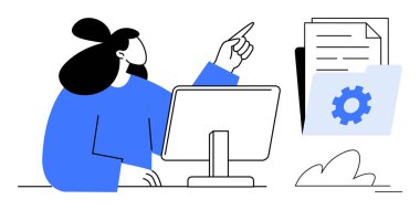 Masada çalışan bir kadın dosya yönetimini sembolize eden belgeleri ve vites simgesini gösteriyor. Çalışma akışı, organizasyon, verimlilik, veri yönetimi, işletme işlemleri, planlama için ideal