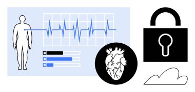 ECG insan figürü, kalp diyagramı, kilitlenme veri güvenliğini ve bulutu gösteriyor. Sağlık teknisyeni, veri koruması, siber güvenlik, kardiyoloji, tıbbi mahremiyet dijital sağlık hizmetleri için ideal