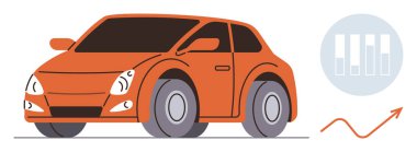 Portakal rengi araba, bar çizelgesi ve büyüme okuyla birlikte gelişim, yenilik ve iş öneriyor. Ulaşım, taşınabilirlik eğilimleri, eko-teknoloji, iş büyümesi, araba satışları için ideal