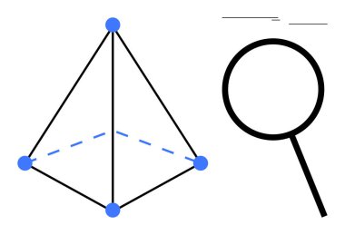 Mavi düğümlü geometrik piramit ve büyüteç keşif, teftiş ve hassasiyeti sembolize ediyor. Bilim, öğrenme, geometri, analiz, berraklık, araştırma ve yenilik için idealdir.